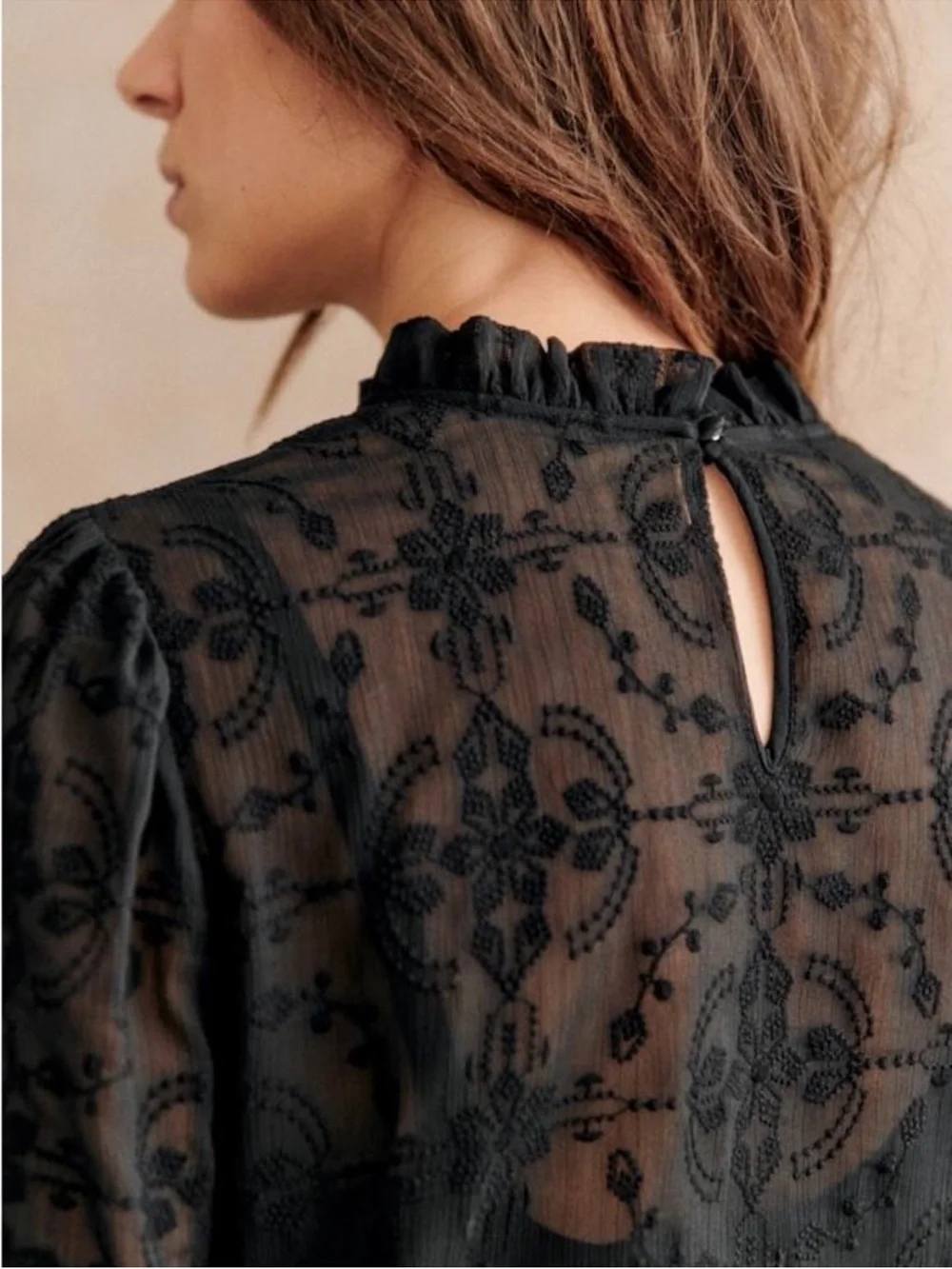 SEZANE Black Sheer Floral Embroidered Ruffle High Neck Valentine Blouse Top - Picture 3 of 14
